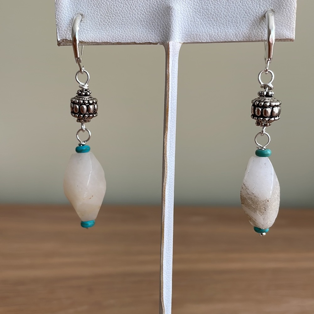HAND CRAFTED EARRINGS White Milky Quartz Twisted Oblong Beads Turquoise Rondelle - Picture 6 of 10